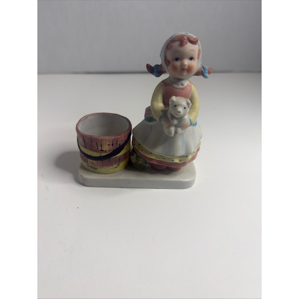 Vintage JASCO 1980 Girl Holding a PIg votive‎ candle holder 5" Tall